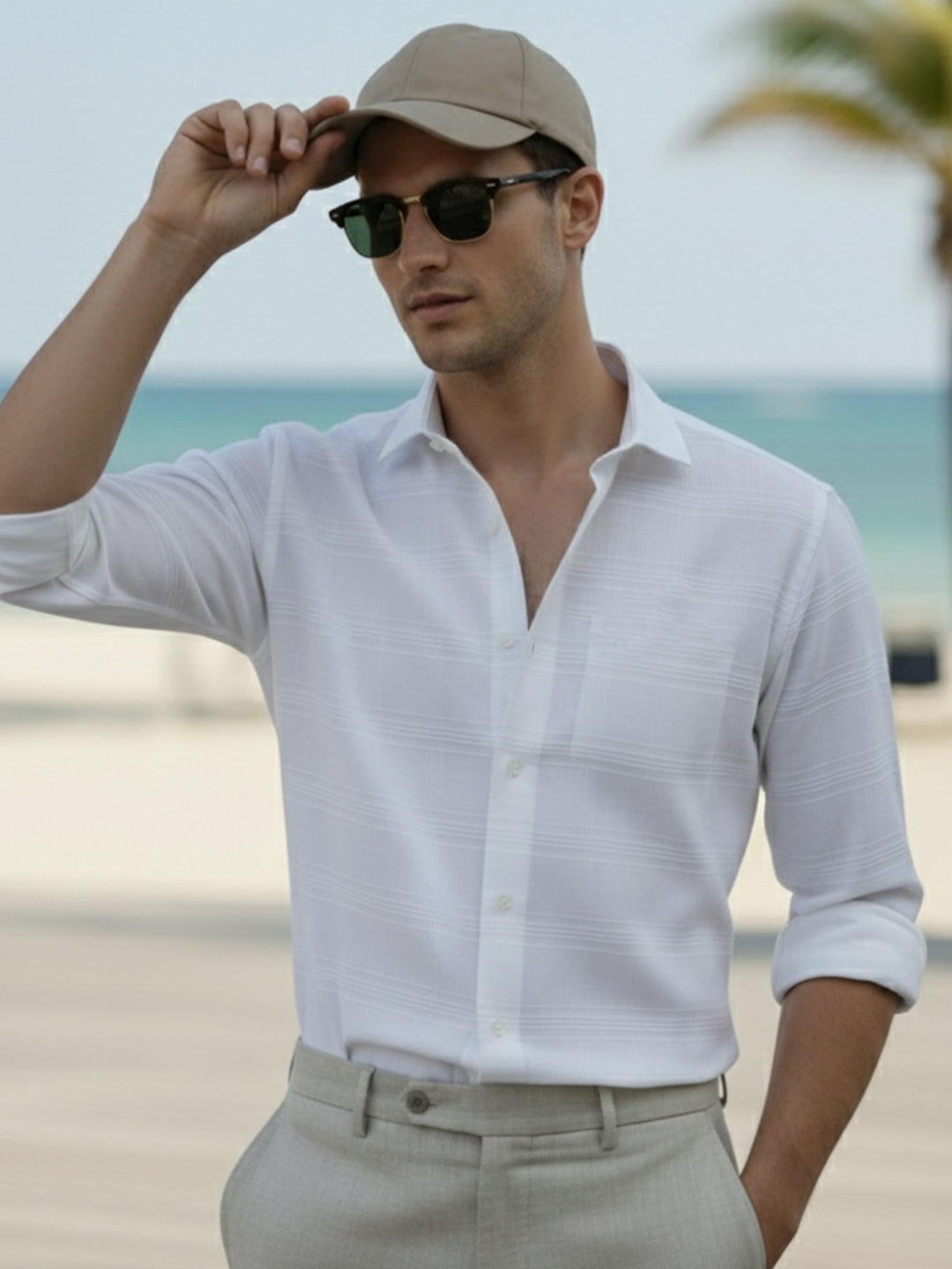 100% Cotton Men's Strip Full Sleeve Shirt Daily & Office Wear in White by BLUE ROBED, back view