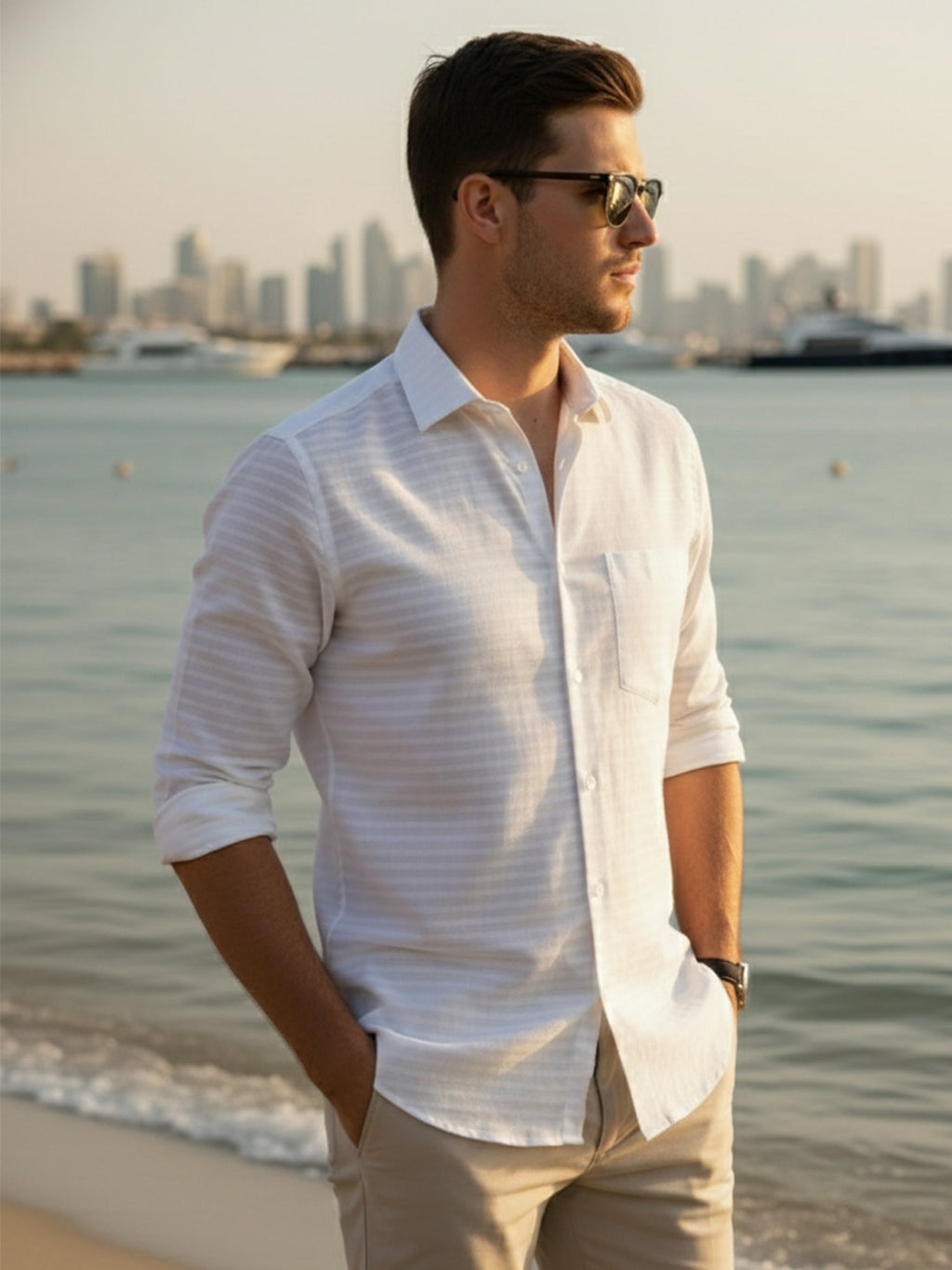 100% Cotton Men's Strip Full Sleeve Shirt Any Occasion Wear in White by BLUE ROBED, detail view