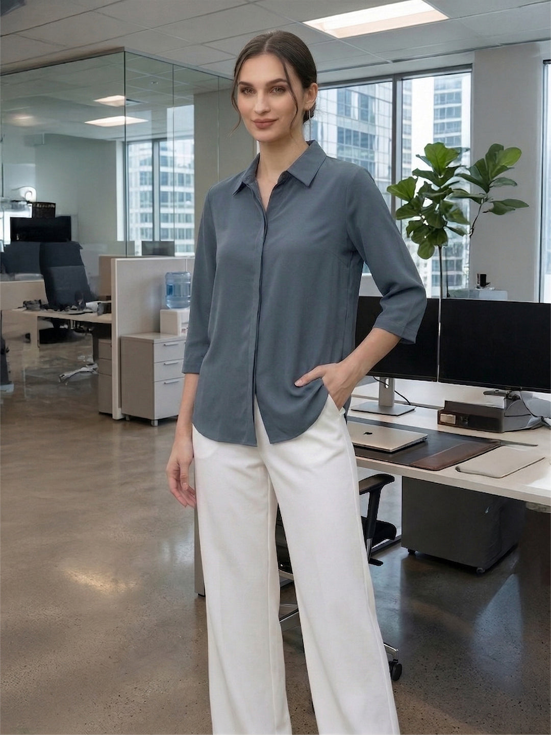 Women’s Solid Taupe Office Wear Shirt – Viscose Rayon Fabric | 3/4th Sleeves