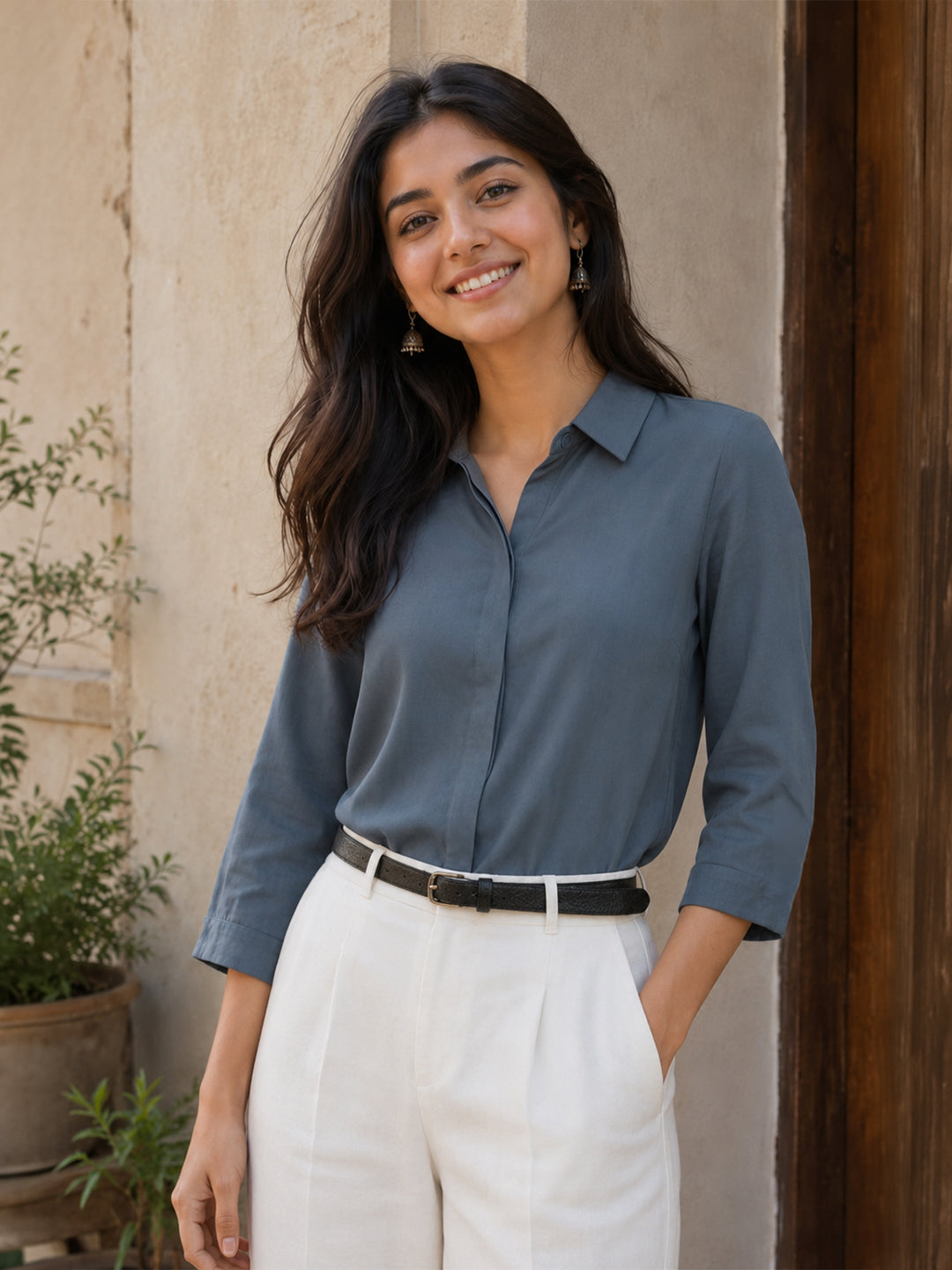 Women’s Solid Taupe Office Wear Shirt – Viscose Rayon Fabric | 3/4th Sleeves Main image