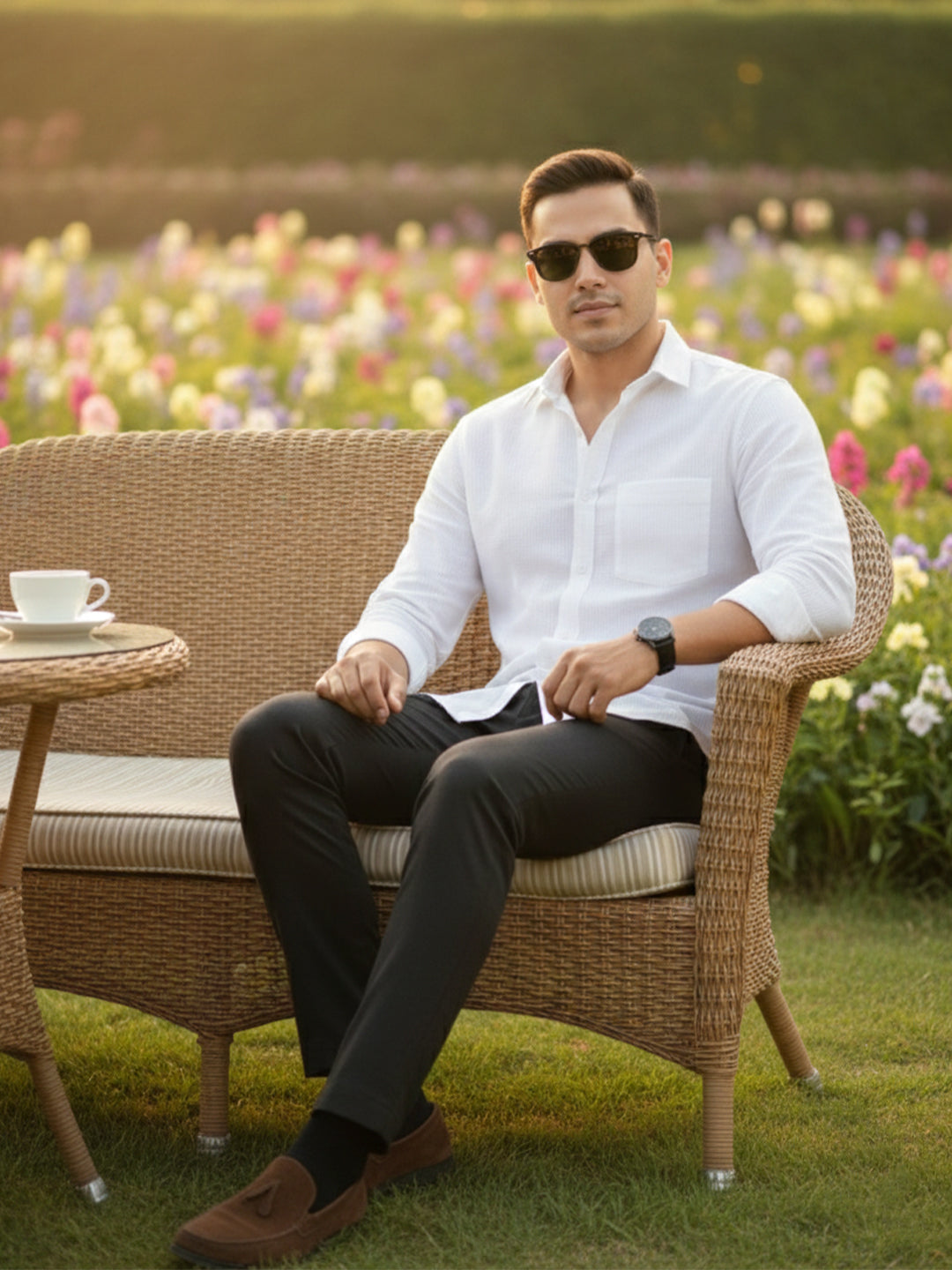 100% Cotton Men's Strip Full Sleeve Shirt Office Wear in White by BLUE ROBED Main image