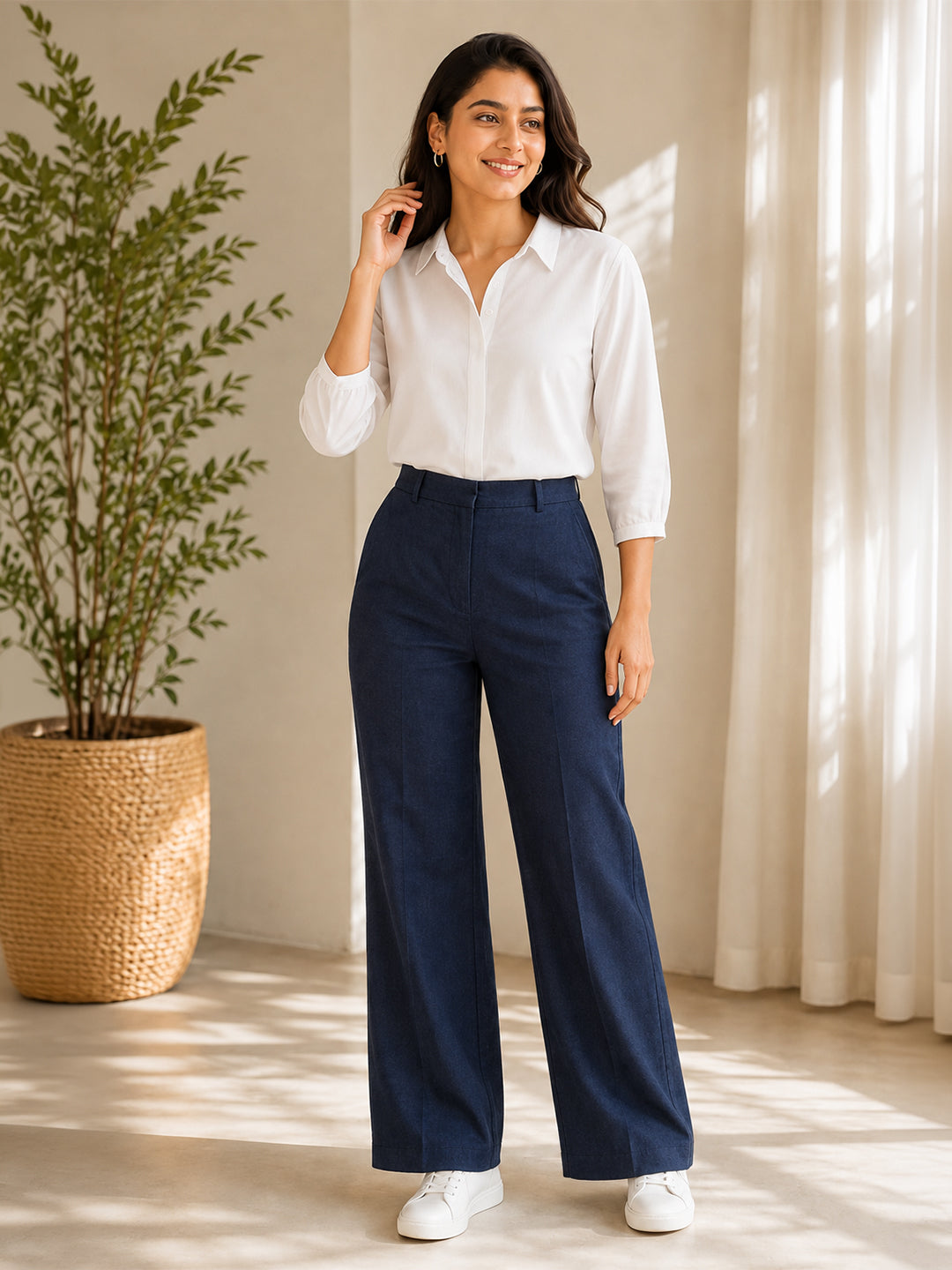 Women’s Elegant Solid Shirt – White | Viscose Rayon Fabric | 3/4th Sleeves Main image
