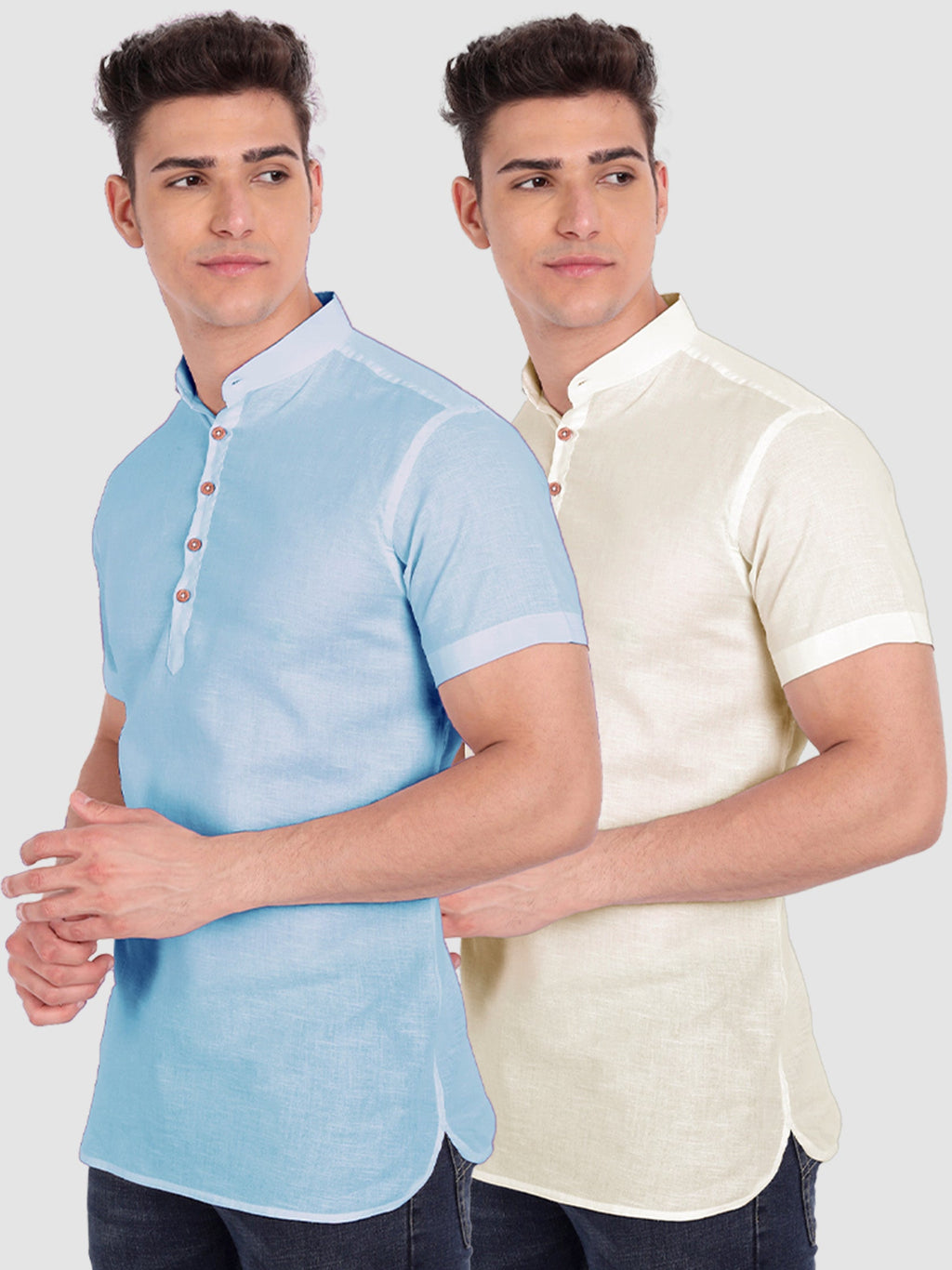 BLUE ROBED men's Casual Slim Fit Half Sleeve Cotton Kurta (Pack 2) in Sky view 6