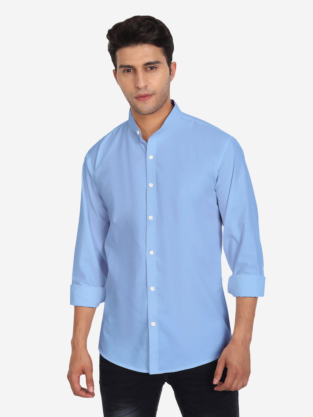 Men's Pure Cotton Mandarin Collar Casual Shirt in White by BLUE ROBED, front view