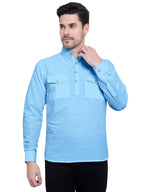 BLUE ROBED men's Casual Slim Fit Full Sleeve Double Pocket Cotton Kurta in Sky view 45