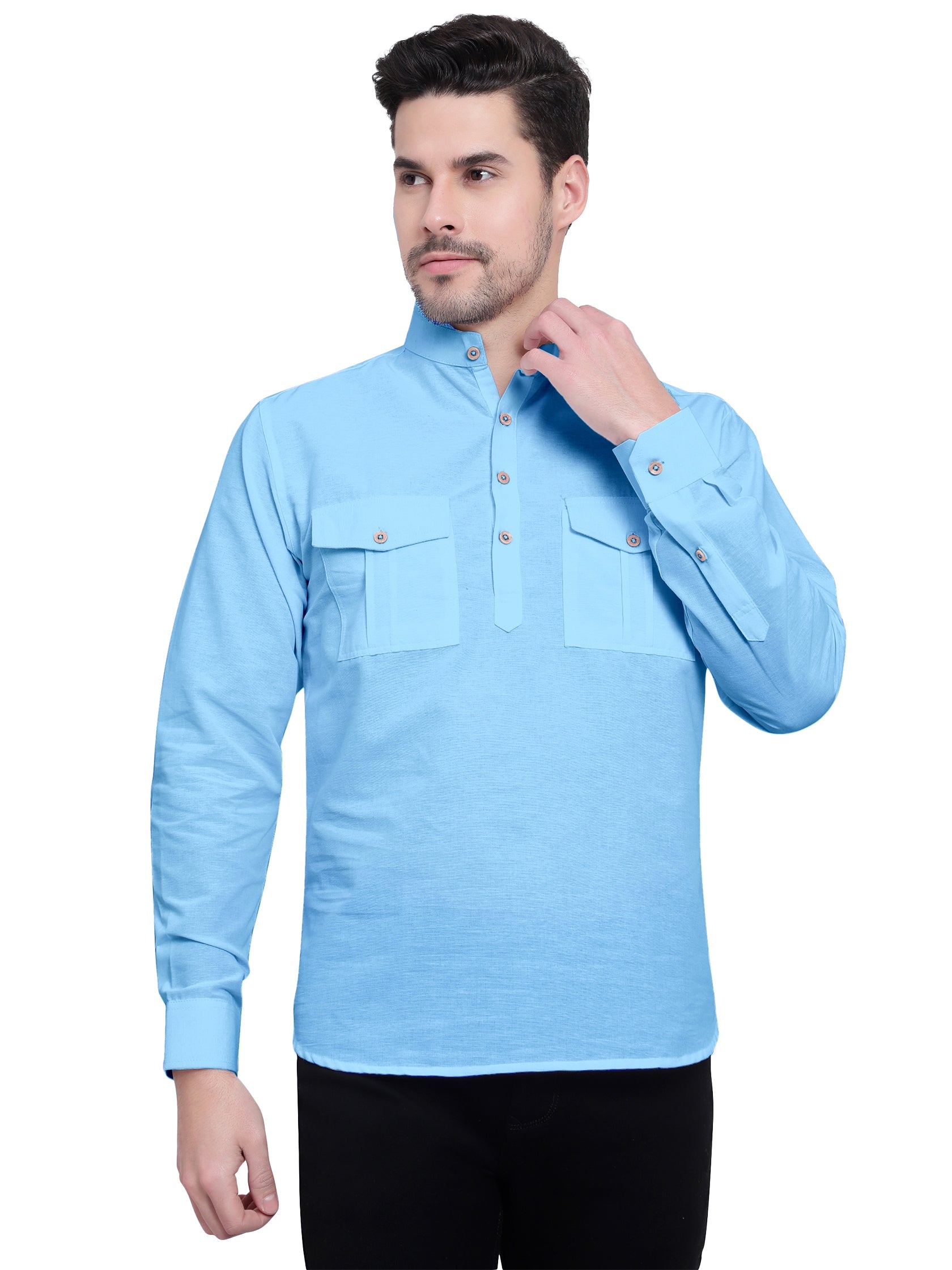 BLUE ROBED men's Casual Slim Fit Full Sleeve Double Pocket Cotton Kurta in Sky view 45