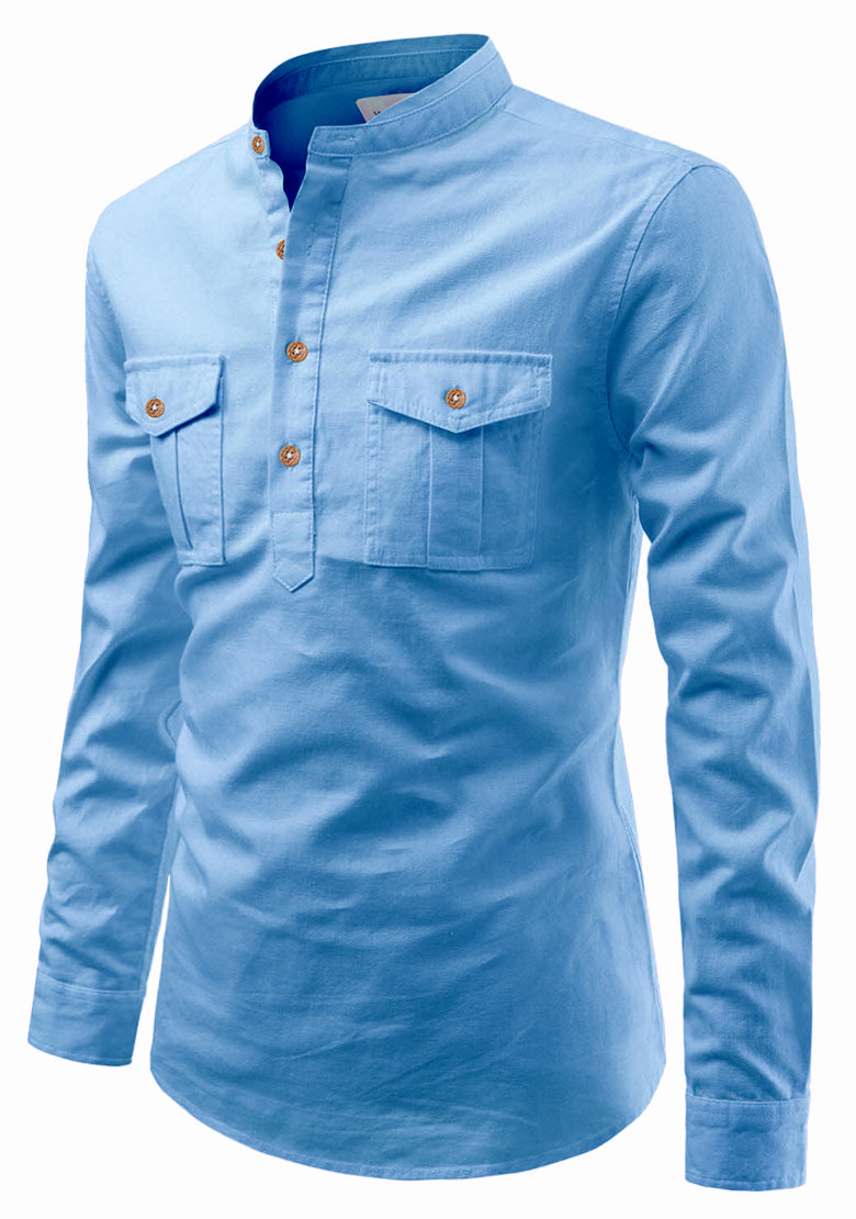 BLUE ROBED men's Casual Slim Fit Full Sleeve Double Pocket Cotton Kurta in Sky view 57