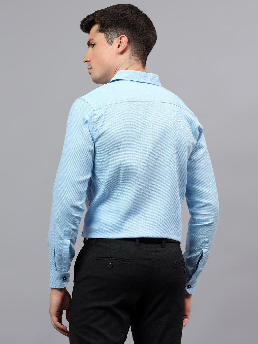 Men's Full Sleeve Spread Collar Premium Casual Shirt for Men in Black by BLUE ROBED, fit view