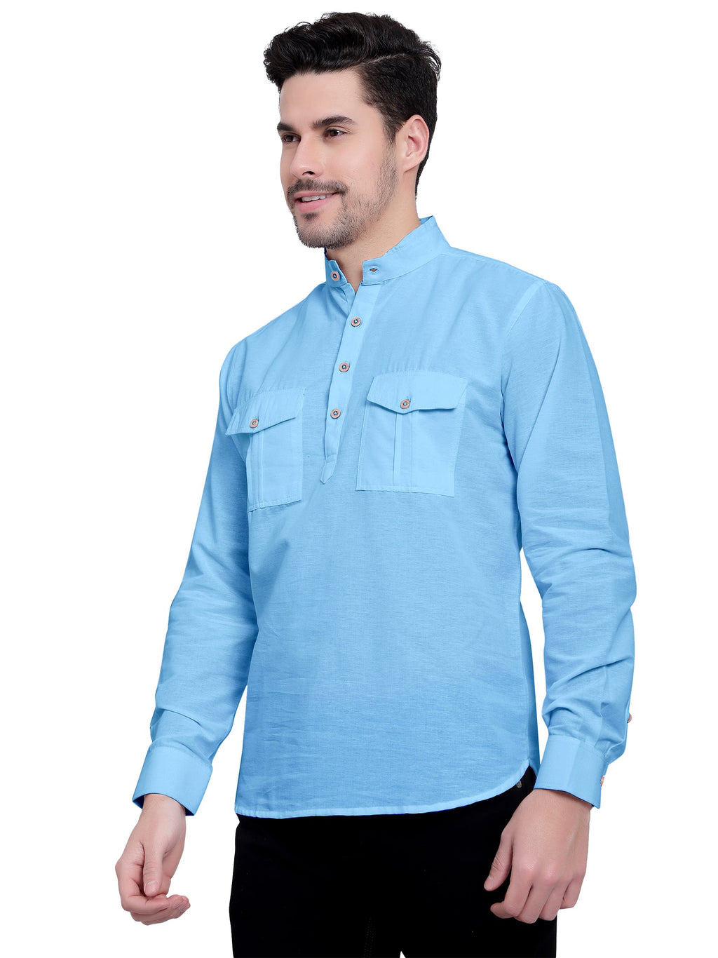 BLUE ROBED men's Casual Slim Fit Full Sleeve Double Pocket Cotton Kurta in Sky view 46