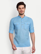 BLUE ROBED men's Casual Slim Fit Full Sleeve Double Pocket Cotton Trendy Kurta in Sky view 64