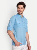 BLUE ROBED men's Casual Slim Fit Full Sleeve Double Pocket Cotton Trendy Kurta in Sky view 65