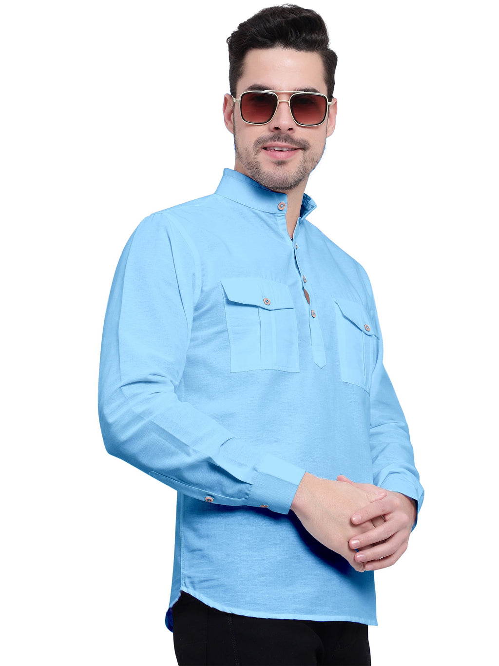 BLUE ROBED men's Casual Slim Fit Full Sleeve Double Pocket Cotton Kurta in Sky view 47