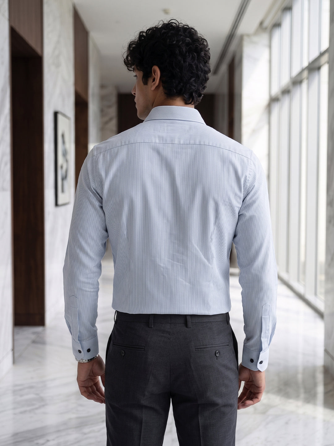 Men’s Sky Blue Pure Cotton Striped Full-Sleeve Casual Shirt