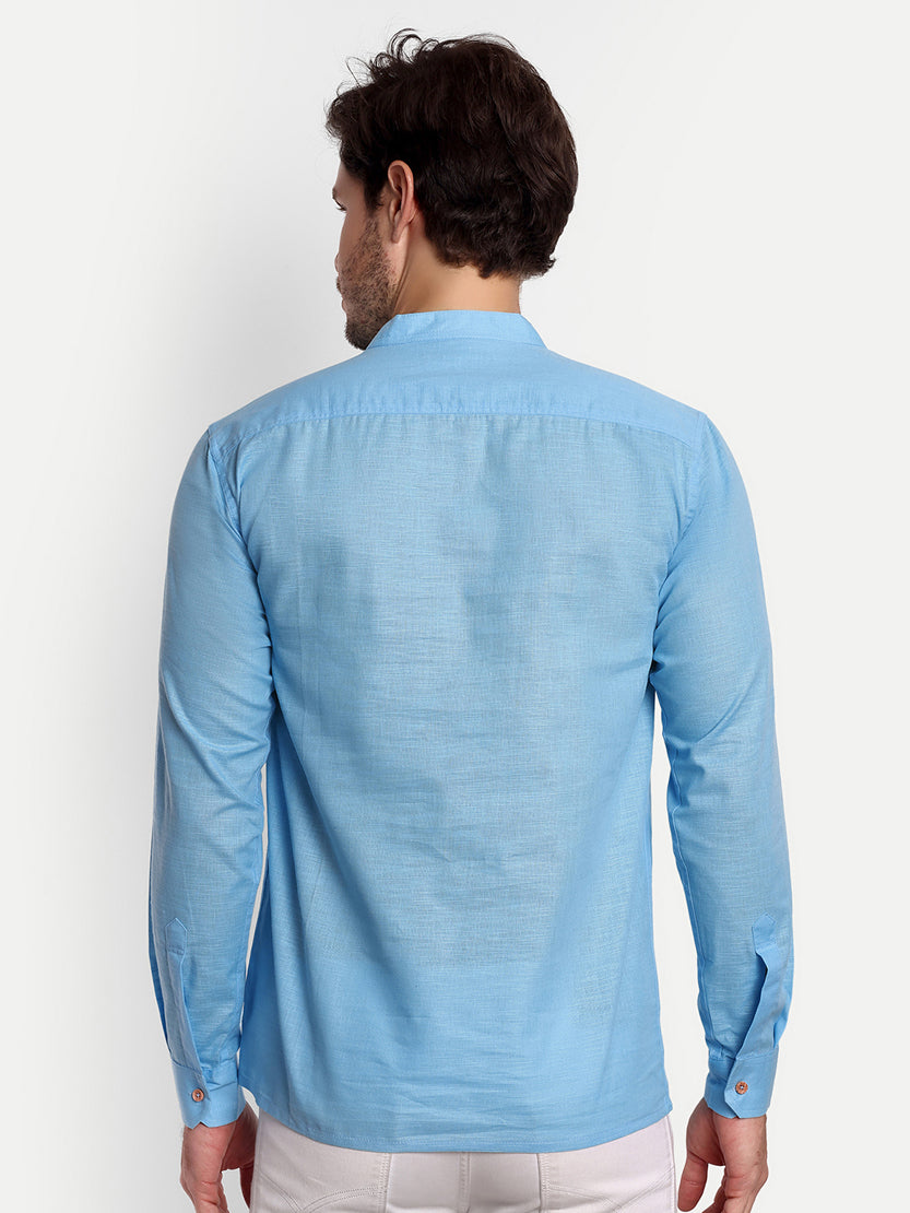 BLUE ROBED men's Casual Slim Fit Full Sleeve Double Pocket Cotton Trendy Kurta in Sky view 66
