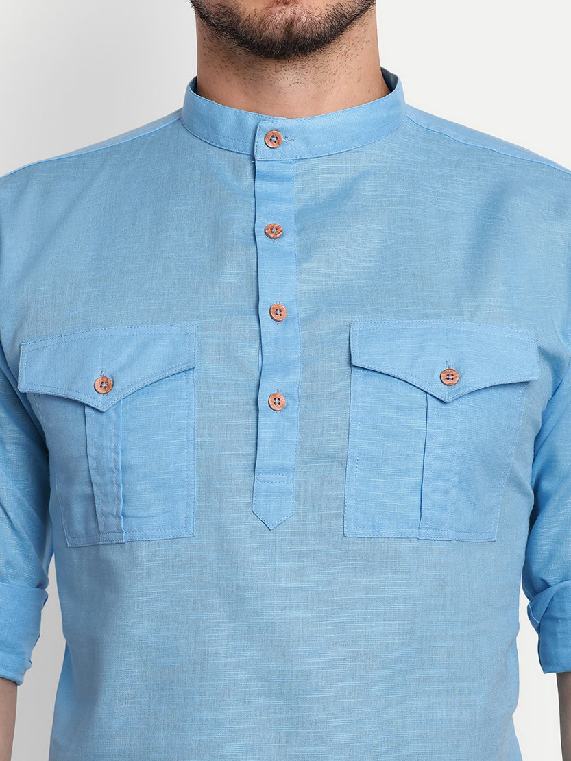 BLUE ROBED men's Casual Slim Fit Full Sleeve Double Pocket Cotton Trendy Kurta in Sky view 67
