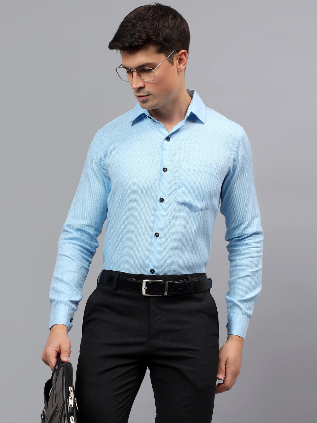 Men's Full Sleeve Spread Collar Premium Casual Shirt for Men in Black by BLUE ROBED, detail view
