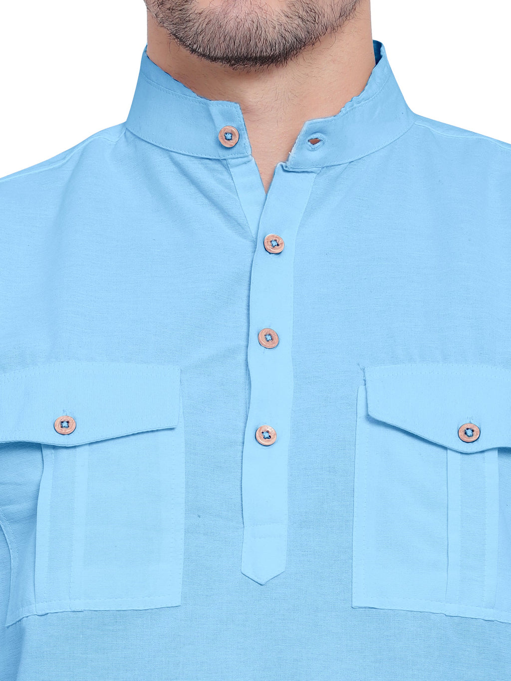 BLUE ROBED men's Casual Slim Fit Full Sleeve Double Pocket Cotton Kurta in Sky view 49