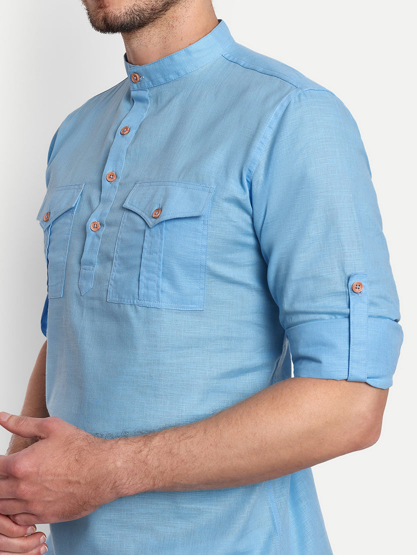 BLUE ROBED men's Casual Slim Fit Full Sleeve Double Pocket Cotton Trendy Kurta in Sky view 68
