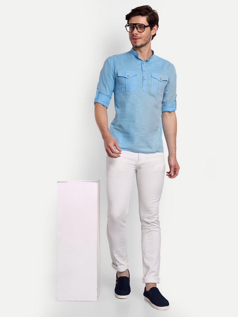 BLUE ROBED men's Casual Slim Fit Full Sleeve Double Pocket Cotton Trendy Kurta in Sky view 69