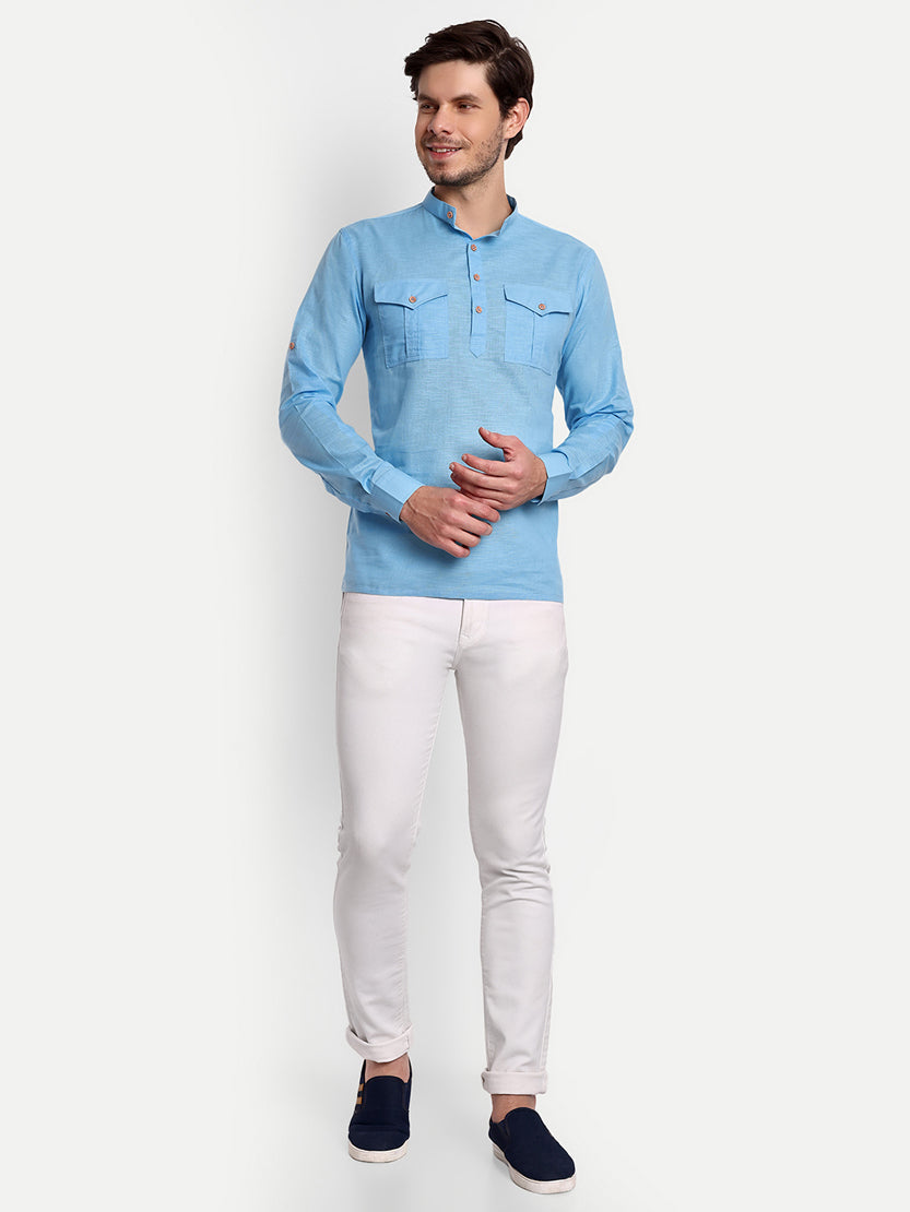 BLUE ROBED men's Casual Slim Fit Full Sleeve Double Pocket Cotton Trendy Kurta in Sky view 70
