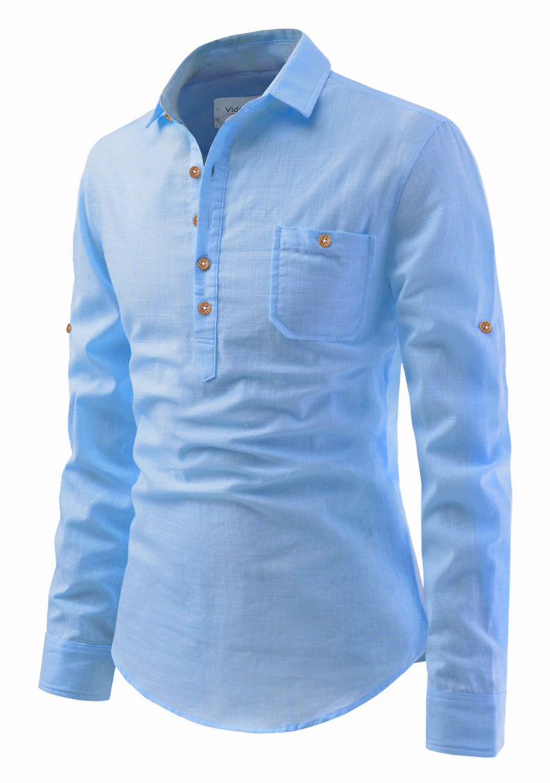 BLUE ROBED men's Full Sleeve Casual Cotton Kurta in Sky view 83