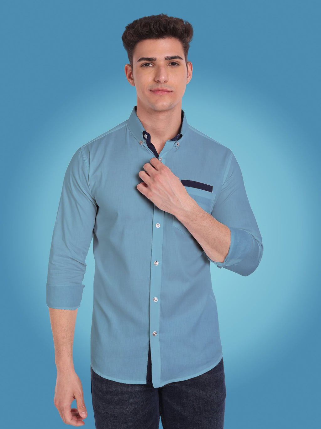 Men's Casual Full Sleeve Silver Button Shirt in White by BLUE ROBED, back view