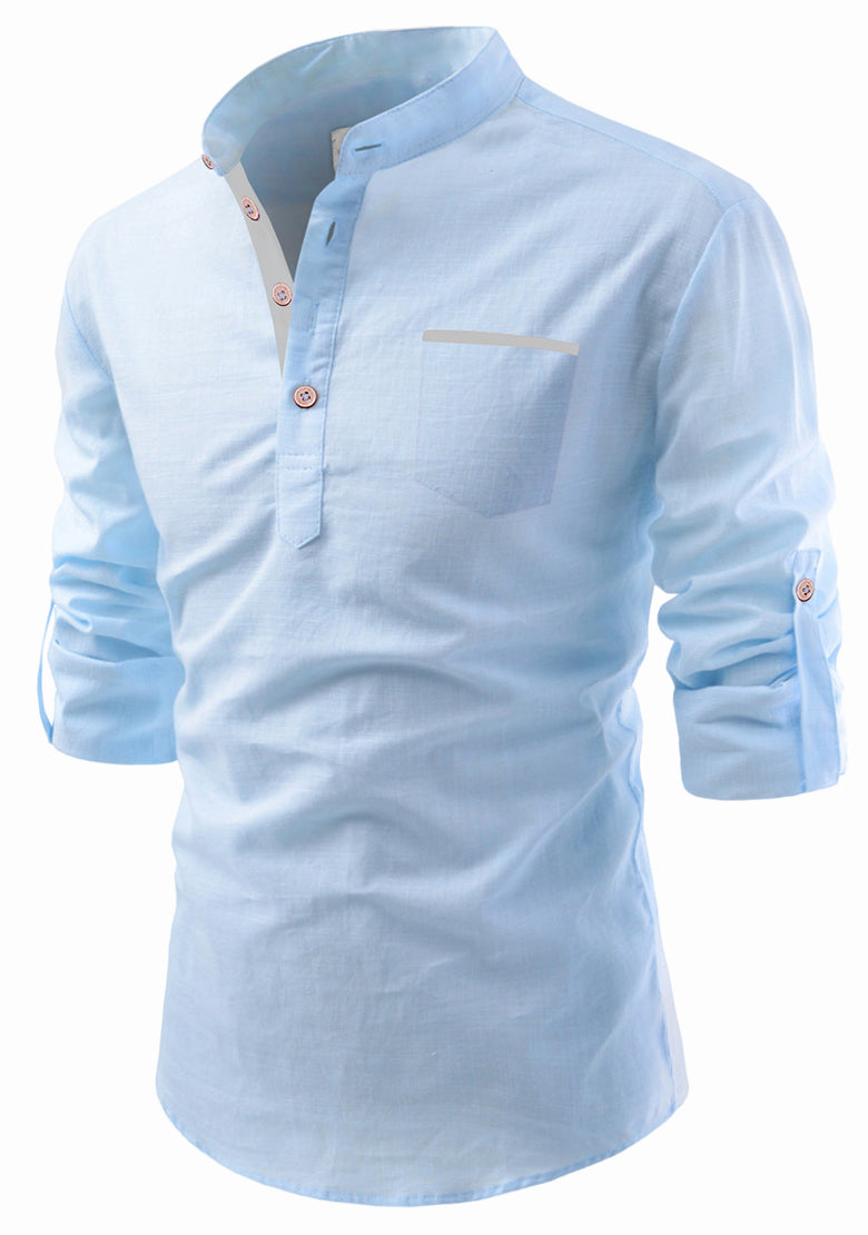 BLUE ROBED men's Casual Slim Fit Full Sleeve Pocket Contrast Kurta in Sky Blue view 61
