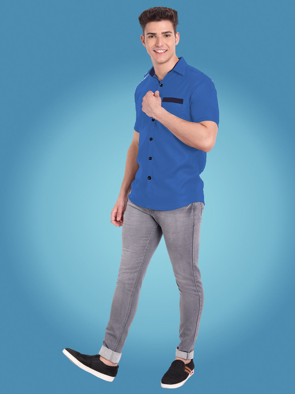 Men's Casual Half Sleeve Silver Button Shirt in Black by BLUE ROBED, fit view