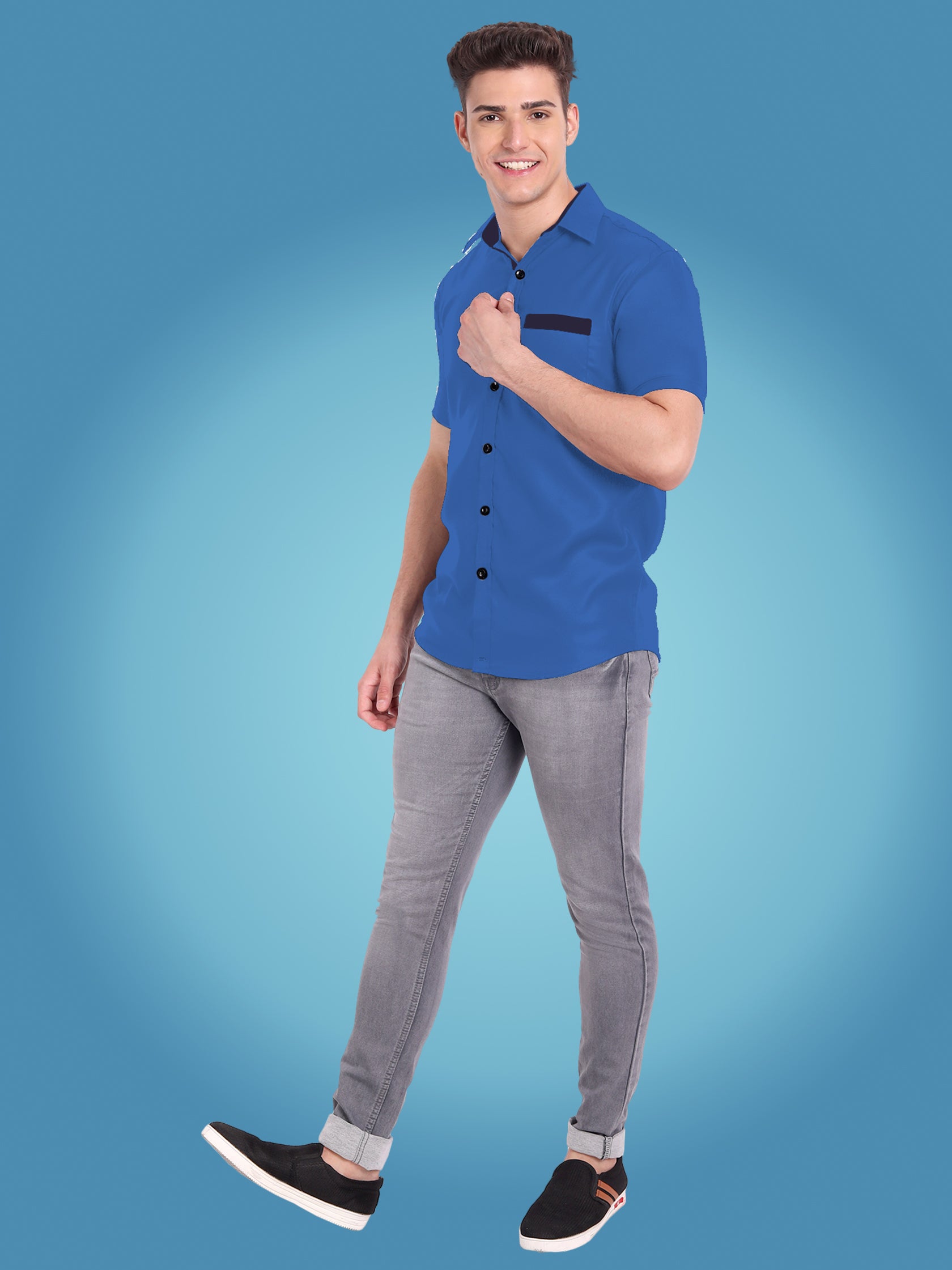 Men's Casual Half Sleeve Silver Button Shirt in Black by BLUE ROBED, fit view