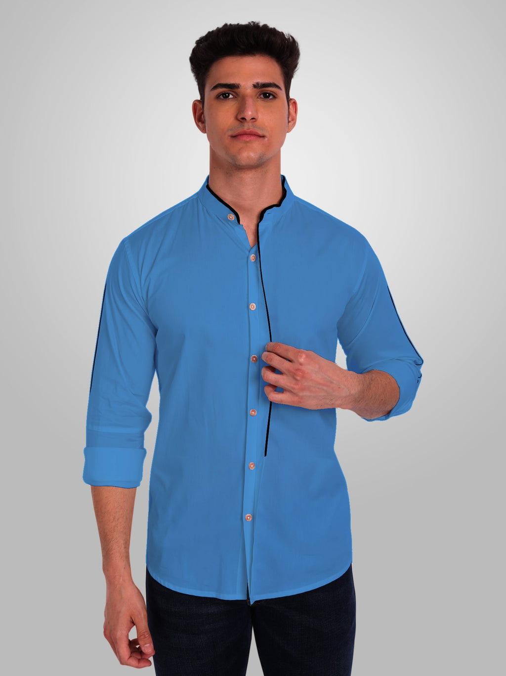 Men's Shoulder Piping Full Sleeve Shirt in Black by BLUE ROBED, fabric detail
