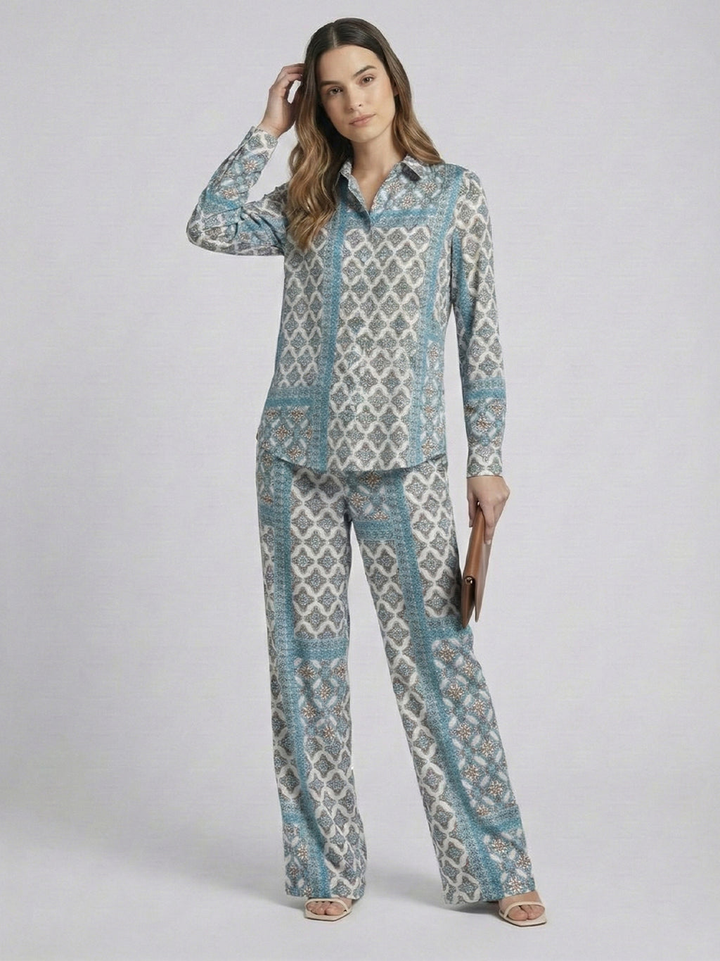 Women's Two Piece Set, Baby Sky Blue, Shirts with Wide Leg Trousers, Full Sleeve
