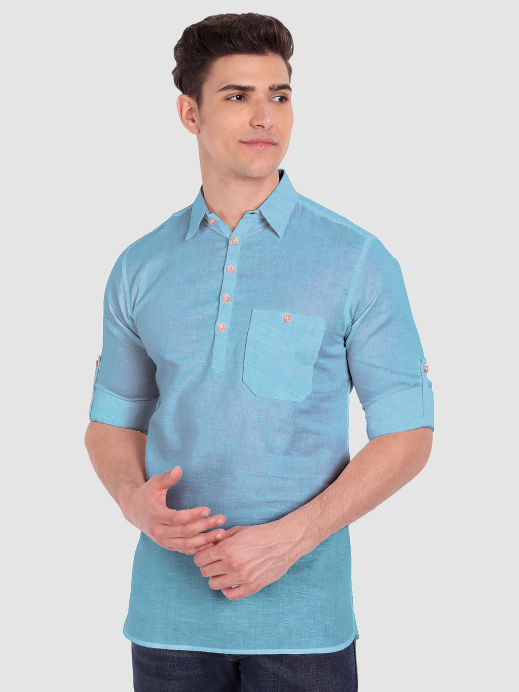 BLUE ROBED men's Full Sleeve Casual Cotton Kurta in Sky Blue view 57