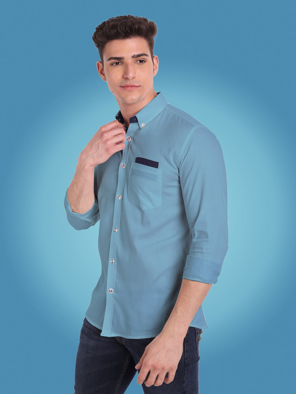 Men's Casual Full Sleeve Silver Button Shirt in White by BLUE ROBED, detail view