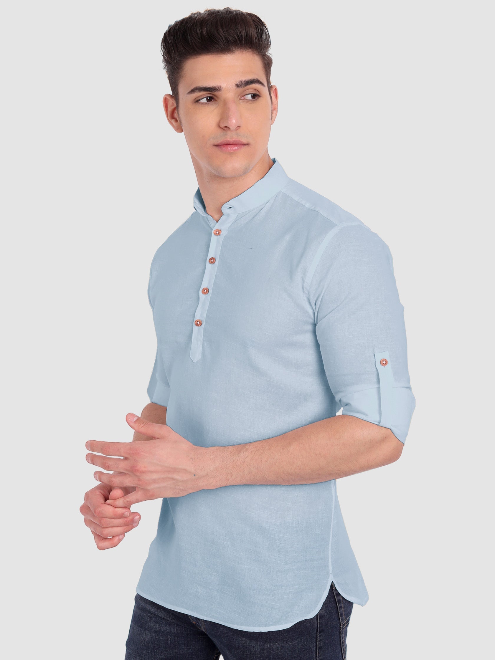 BLUE ROBED men's Casual Slim Fit Full Sleeve Cotton Kurta in Sky Blue view 23