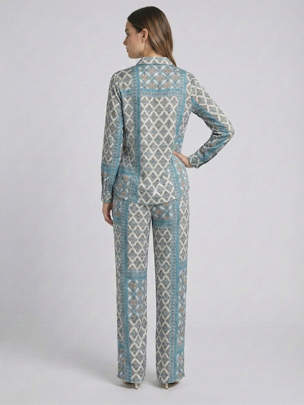 Women's Two Piece Set, Baby Sky Blue, Shirts with Wide Leg Trousers, Full Sleeve