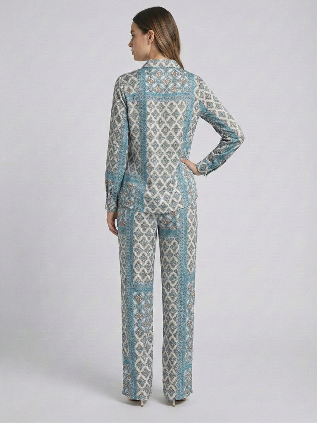 Women's Two Piece Set, Baby Sky Blue, Shirts with Wide Leg Trousers, Full Sleeve
