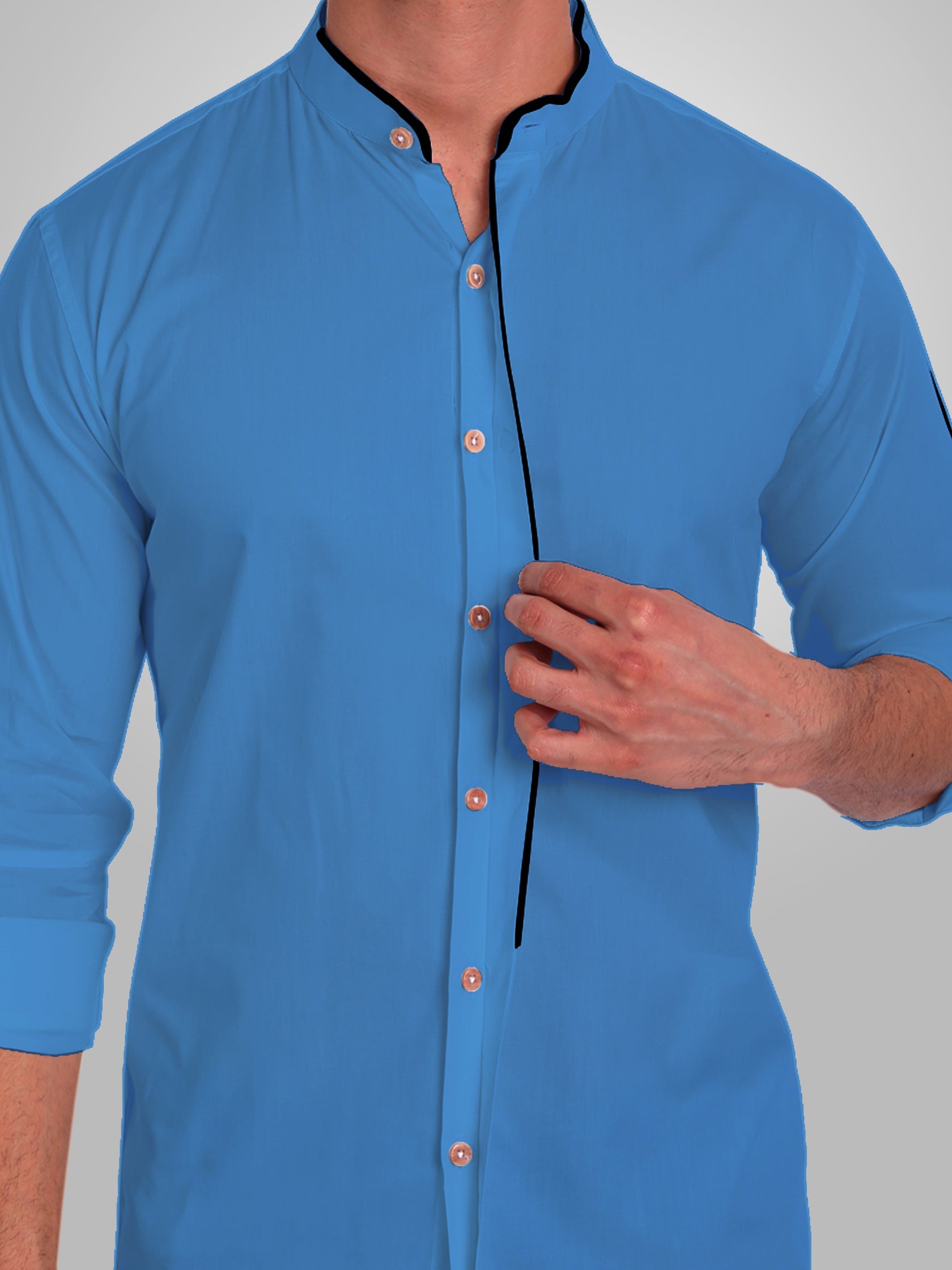 Men's Shoulder Piping Full Sleeve Shirt in Black by BLUE ROBED, front view