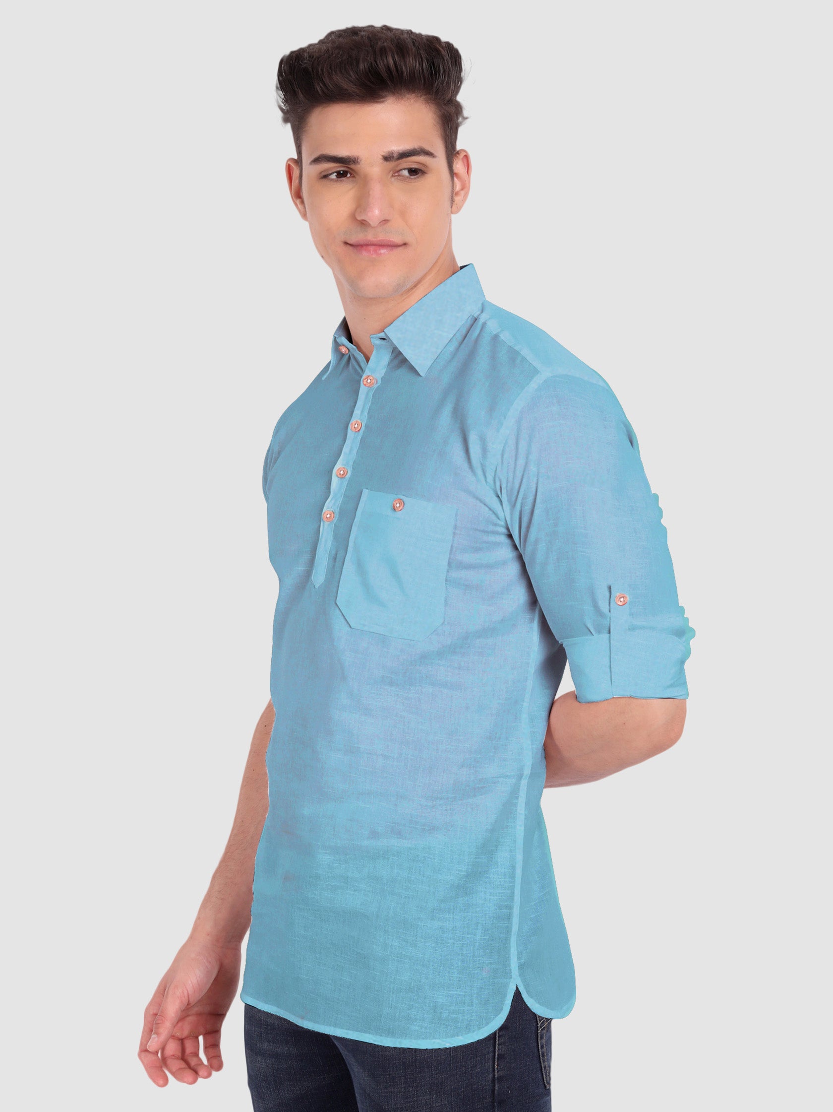 BLUE ROBED men's Full Sleeve Casual Cotton Kurta in Sky Blue view 58