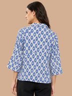 Women’s Pure Cotton Blue Printed Shirt Top | 3/4 Sleeve Collared Casual Tunic | Comfortable Regular Fit