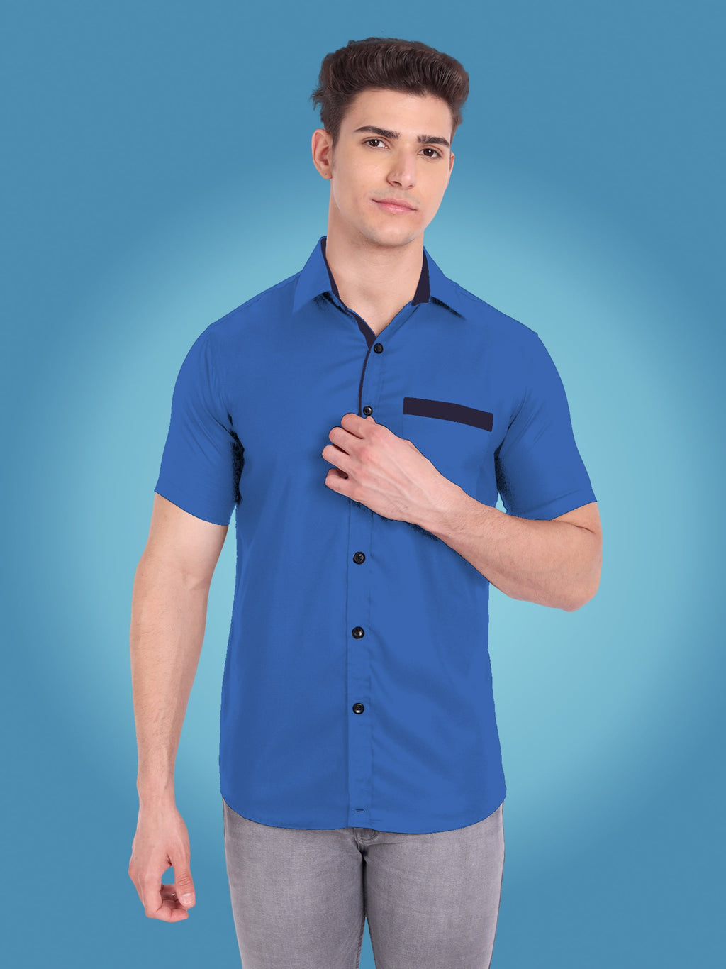 Men's Casual Half Sleeve Silver Button Shirt in Black by BLUE ROBED, fabric detail