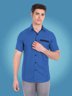Men's Casual Half Sleeve Silver Button Shirt in Black by BLUE ROBED, fabric detail