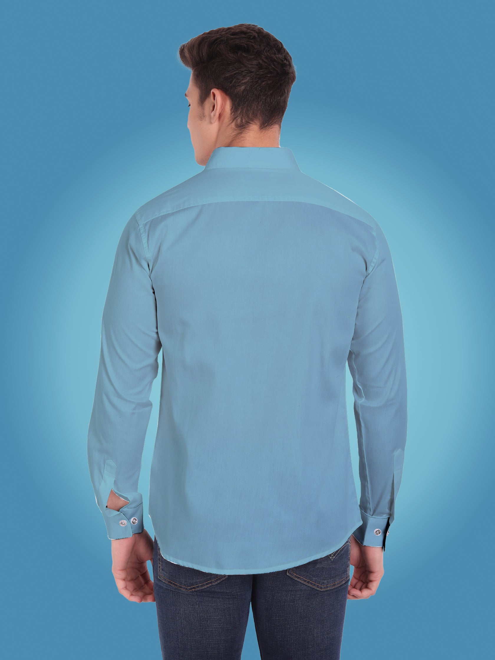 Men's Casual Full Sleeve Silver Button Shirt in White by BLUE ROBED, style view