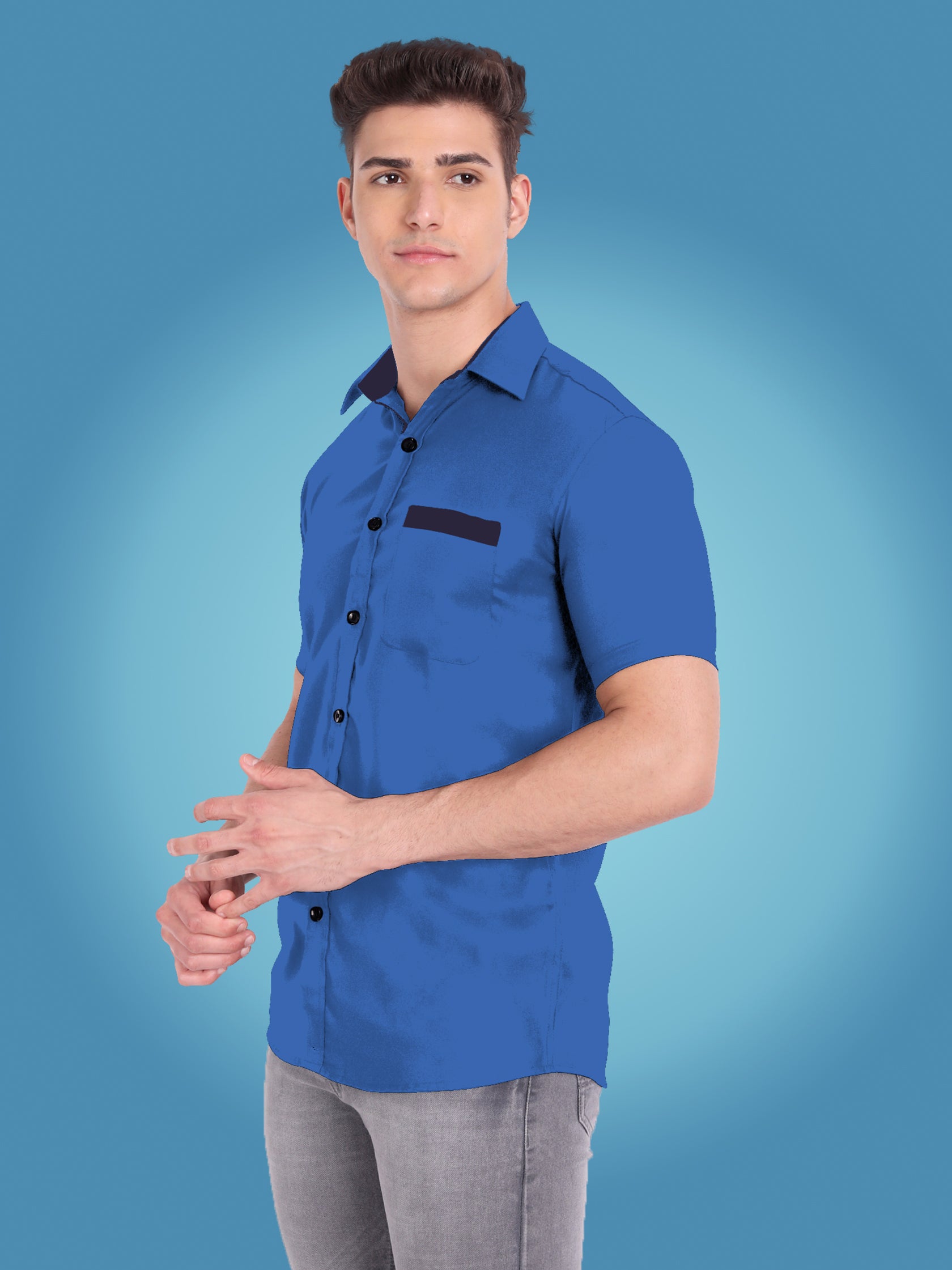Men's Casual Half Sleeve Silver Button Shirt in Black by BLUE ROBED, front view