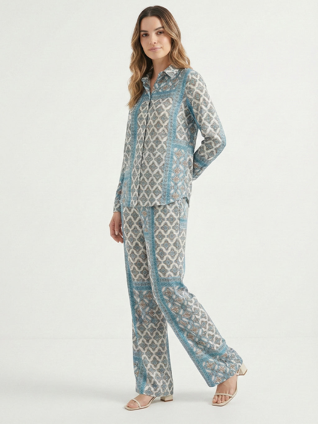 Women's Two Piece Set, Baby Sky Blue, Shirts with Wide Leg Trousers, Full Sleeve