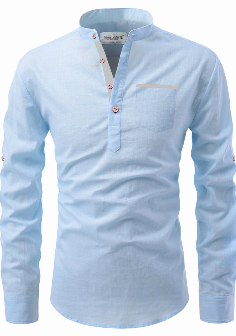 BLUE ROBED men's Casual Slim Fit Full Sleeve Pocket Contrast Kurta in Sky Blue view 63