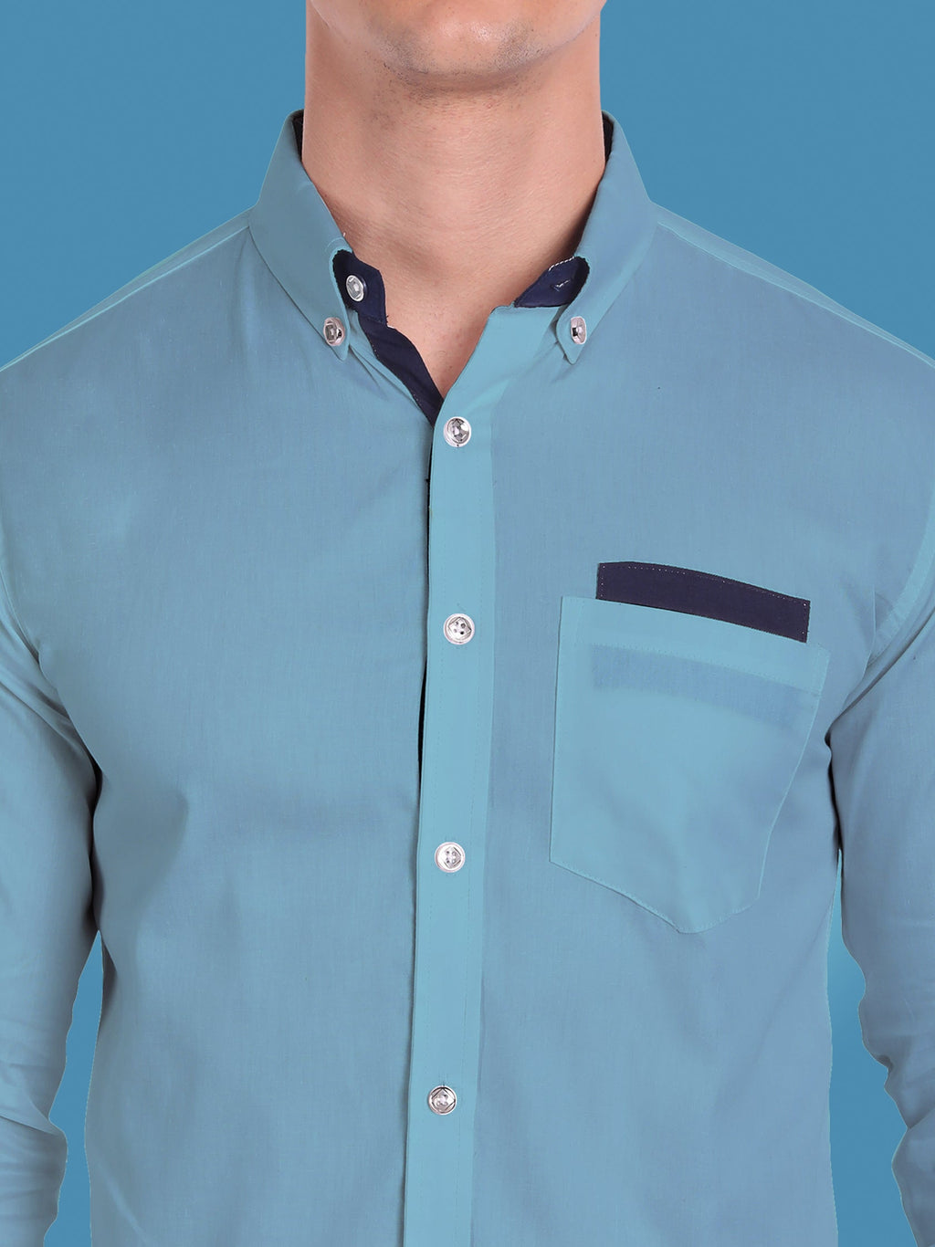 Men's Casual Full Sleeve Silver Button Shirt in White by BLUE ROBED, fit view