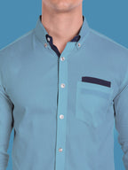 Men's Casual Full Sleeve Silver Button Shirt in White by BLUE ROBED, fit view
