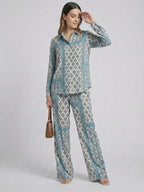 Women's Two Piece Set, Baby Sky Blue, Shirts with Wide Leg Trousers, Full Sleeve