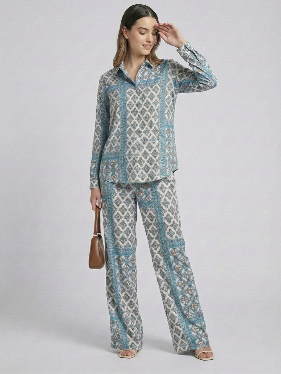 Women's Two Piece Set, Baby Sky Blue, Shirts with Wide Leg Trousers, Full Sleeve