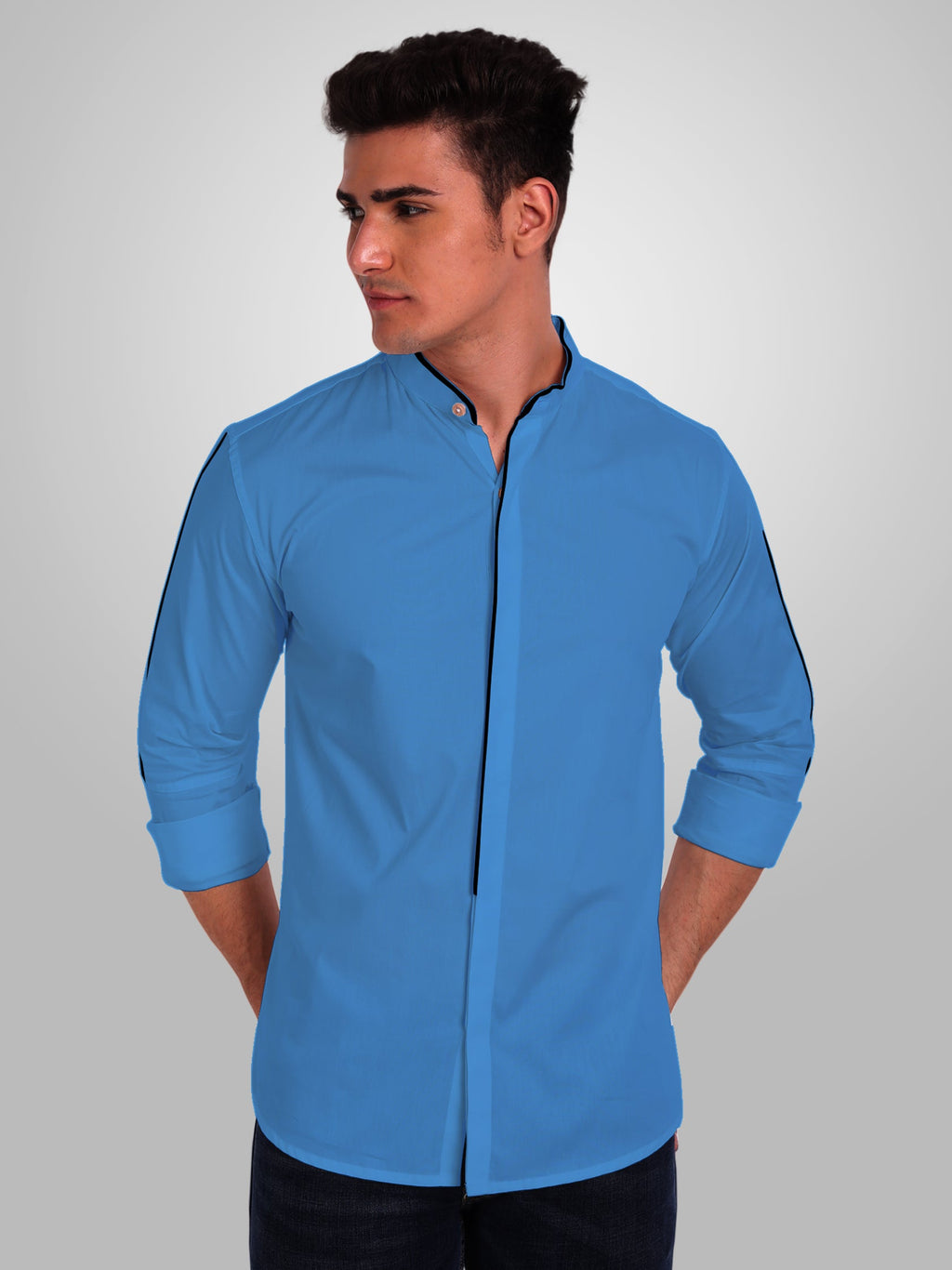 Men's Shoulder Piping Full Sleeve Shirt in Black by BLUE ROBED, back view